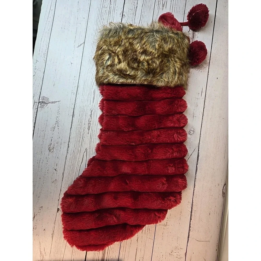 Merry Bright Faux Fur Burgundy Christmas Stocking With Pom-Pom Accent 21